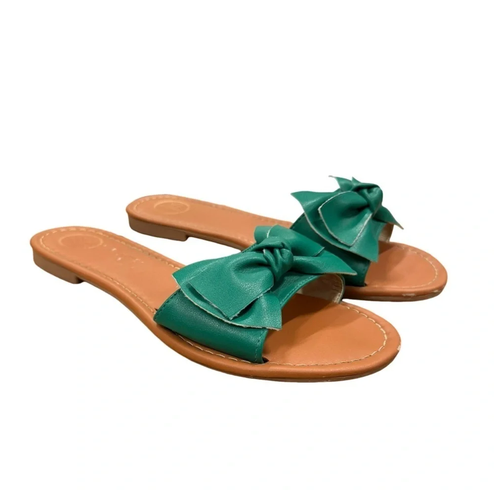 MKS Brown Slide Sandal with Green Leather Bow Size 8